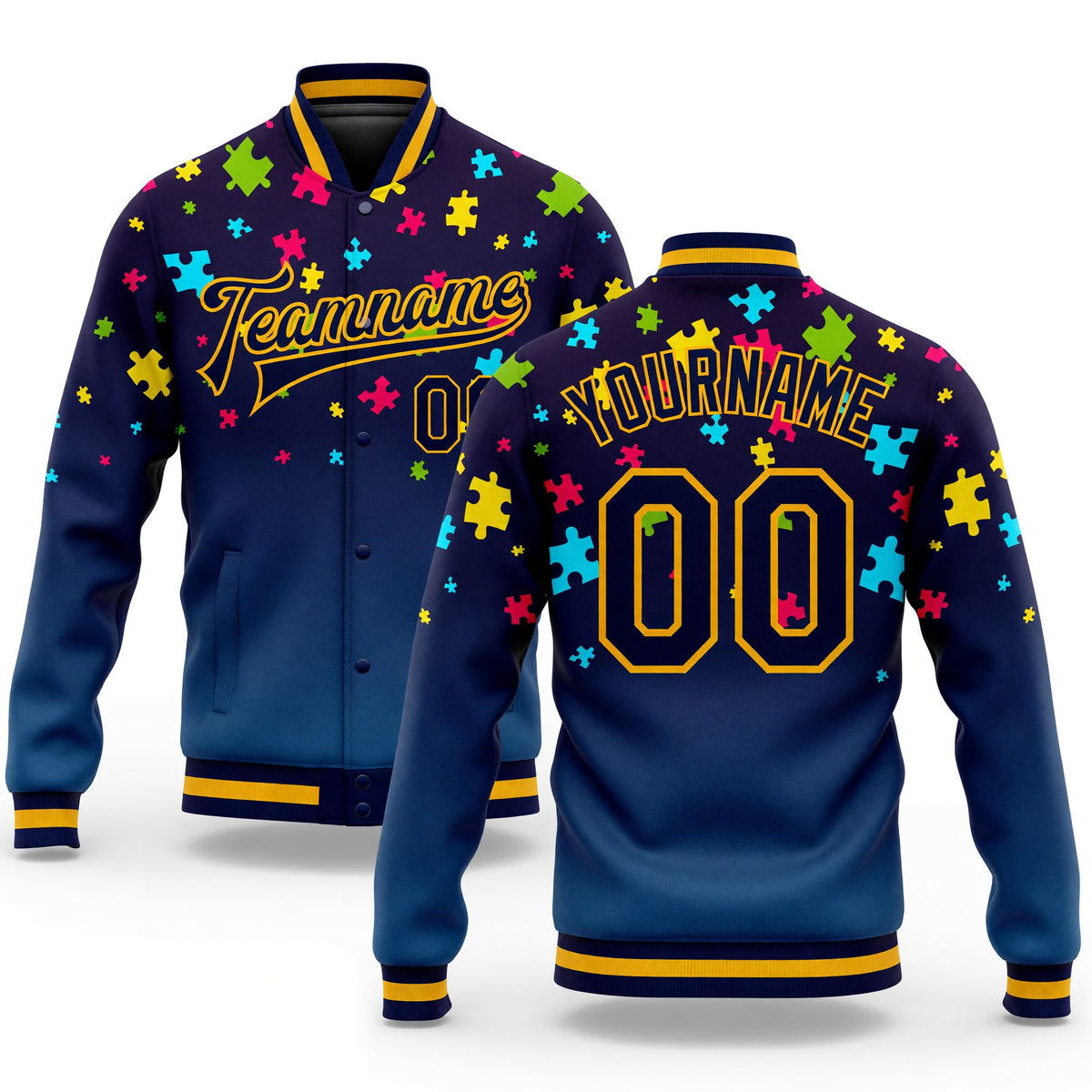 Custom Autism Supporter Awareness Puzzle Pieces Navy-Gold 3D Bomber Full-Snap Varsity Letterman Jacket
