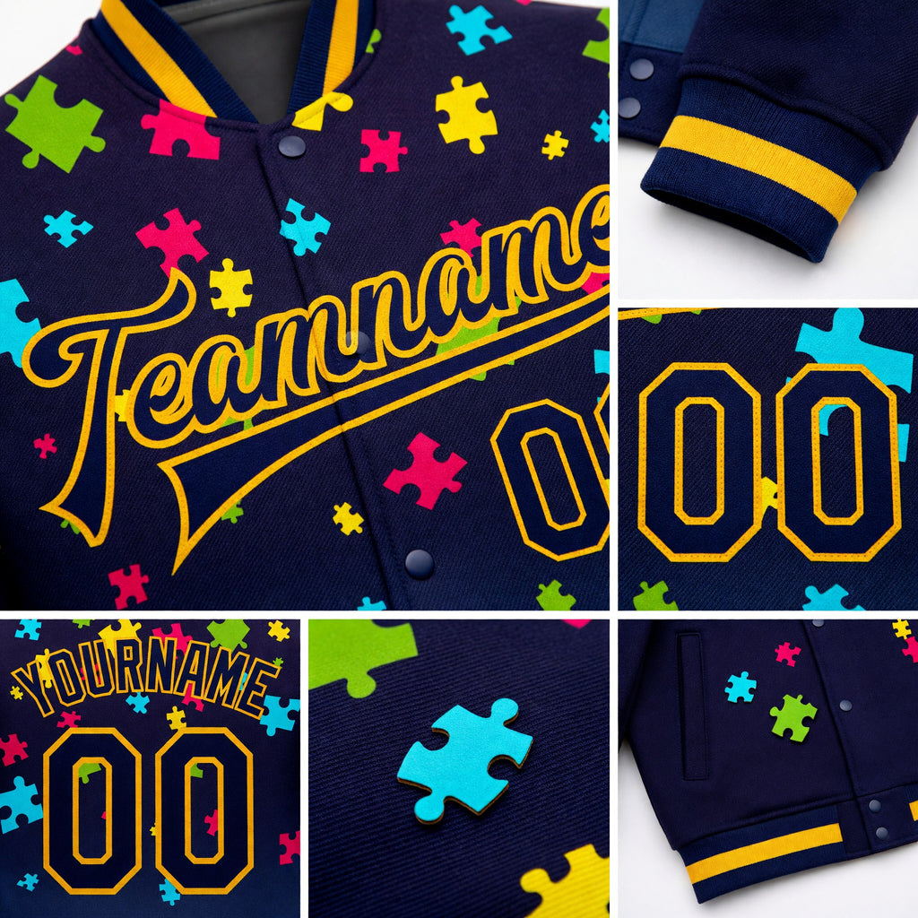 Custom Autism Supporter Awareness Puzzle Pieces Navy-Gold 3D Bomber Full-Snap Varsity Letterman Jacket detail