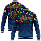 Custom Autism Supporter Awareness Puzzle Pieces Navy-Gold 3D Bomber Full-Snap Varsity Letterman Jacket photo 1