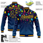 Custom Autism Supporter Awareness Puzzle Pieces Navy-Gold 3D Bomber Full-Snap Varsity Letterman Jacket photo 5