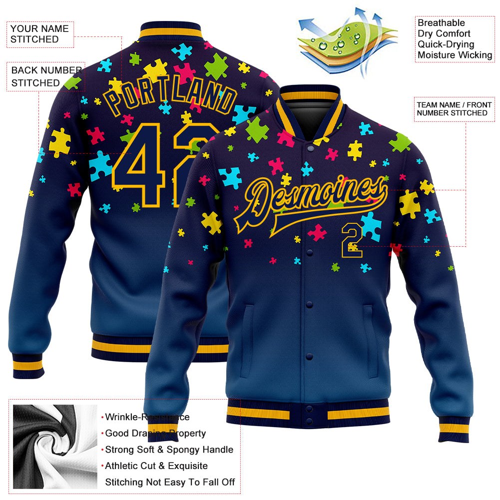Custom Autism Supporter Awareness Puzzle Pieces Navy-Gold 3D Bomber Full-Snap Varsity Letterman Jacket photo 5