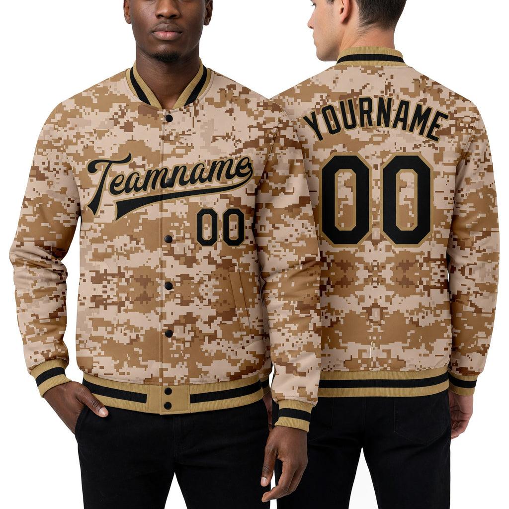 Custom Camo Black-Old Gold 3D Bomber Full-Snap Varsity Letterman Salute To Service Jacket worn front and back