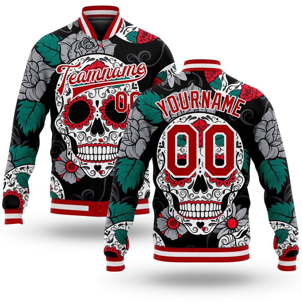 Custom Black Red-White Skull Fashion 3D Bomber Full-Snap Varsity Letterman Jacket