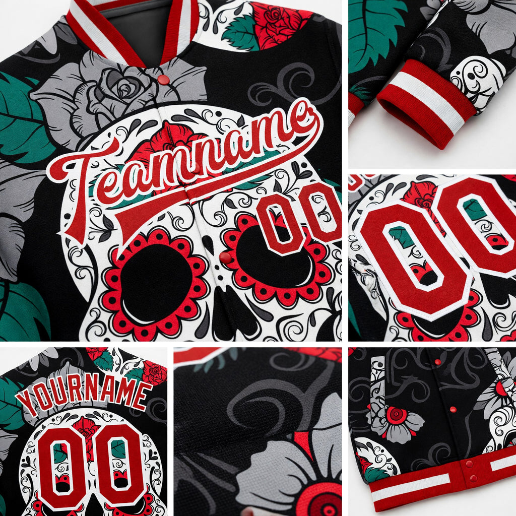 Custom Black Red-White Skull Fashion 3D Bomber Full-Snap Varsity Letterman Jacket detail