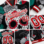 Custom Black Red-White Skull Fashion 3D Bomber Full-Snap Varsity Letterman Jacket detail