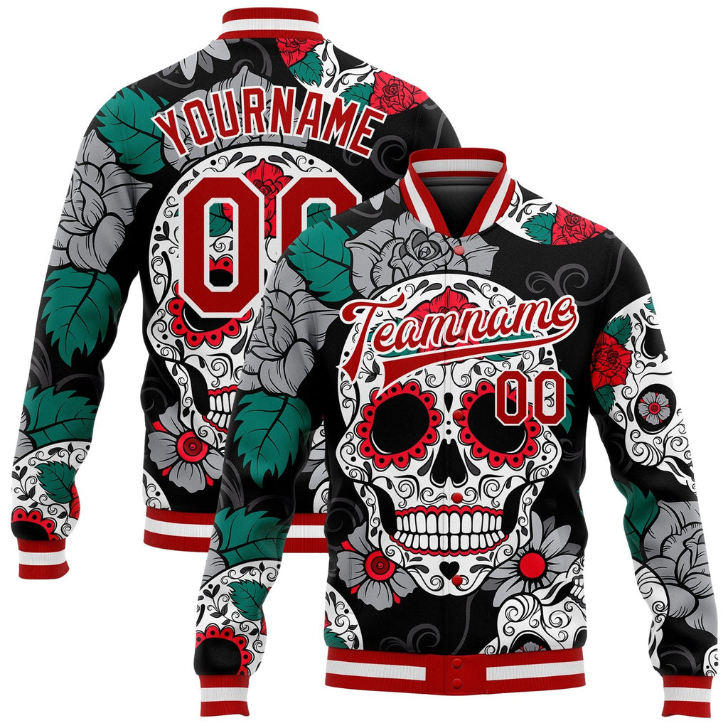 Custom Black Red-White Skull Fashion 3D Bomber Full-Snap Varsity Letterman Jacket photo 1