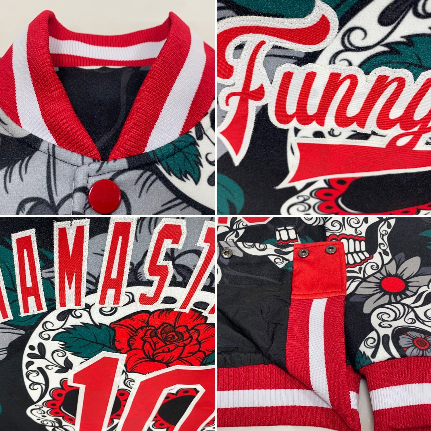 Custom Black Red-White Skull Fashion 3D Bomber Full-Snap Varsity Letterman Jacket photo 4