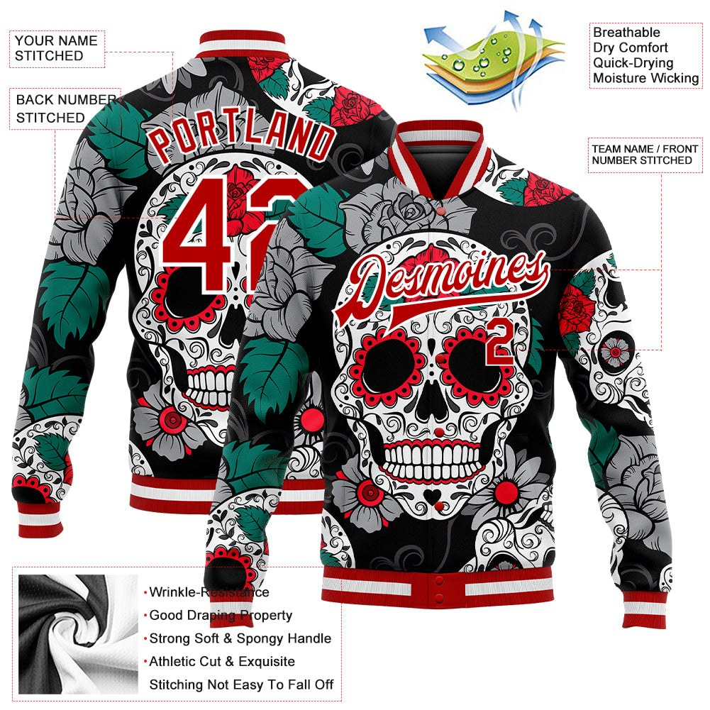Custom Black Red-White Skull Fashion 3D Bomber Full-Snap Varsity Letterman Jacket photo 5