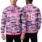 Custom Camo White-Pink 3D Bomber Full-Snap Varsity Letterman Salute To Service Jacket worn front and back
