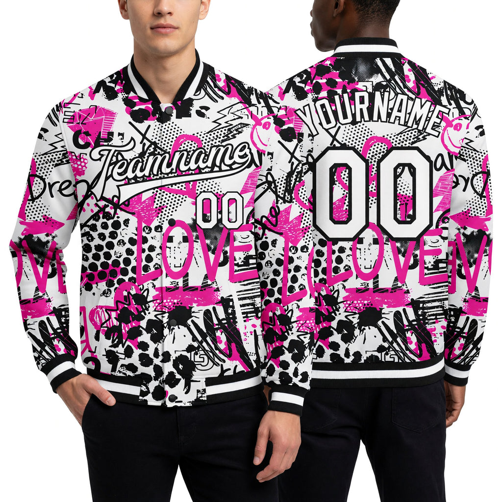 Custom Graffiti Pattern White-Black Scratch 3D Bomber Full-Snap Varsity Letterman Jacket worn front and back