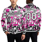 Custom Graffiti Pattern White-Black Scratch 3D Bomber Full-Snap Varsity Letterman Jacket worn front and back