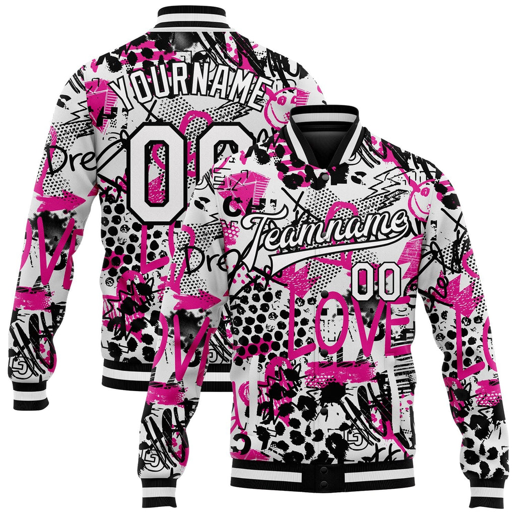 Custom Graffiti Pattern White-Black Scratch 3D Bomber Full-Snap Varsity Letterman Jacket