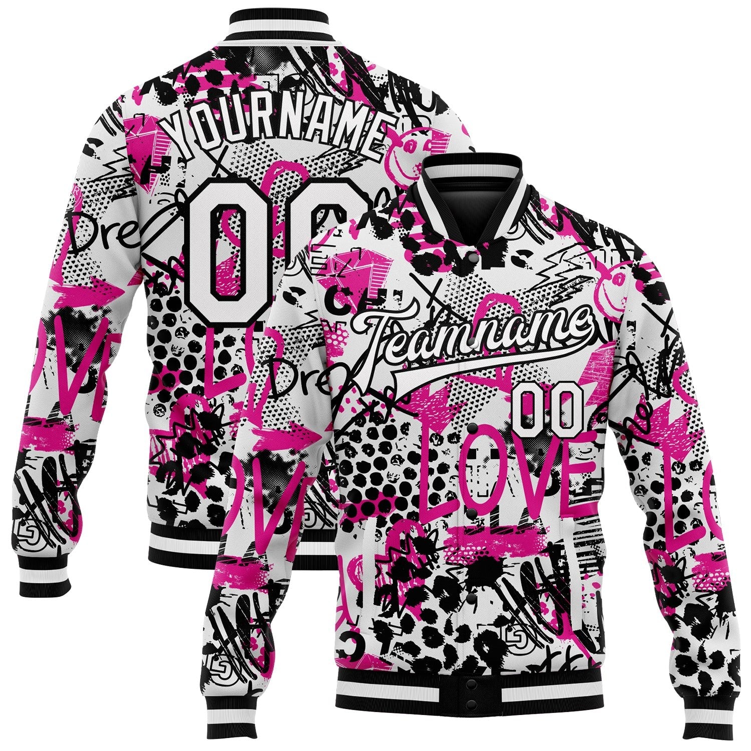 Custom Graffiti Pattern White-Black Scratch 3D Bomber Full-Snap Varsity Letterman Jacket