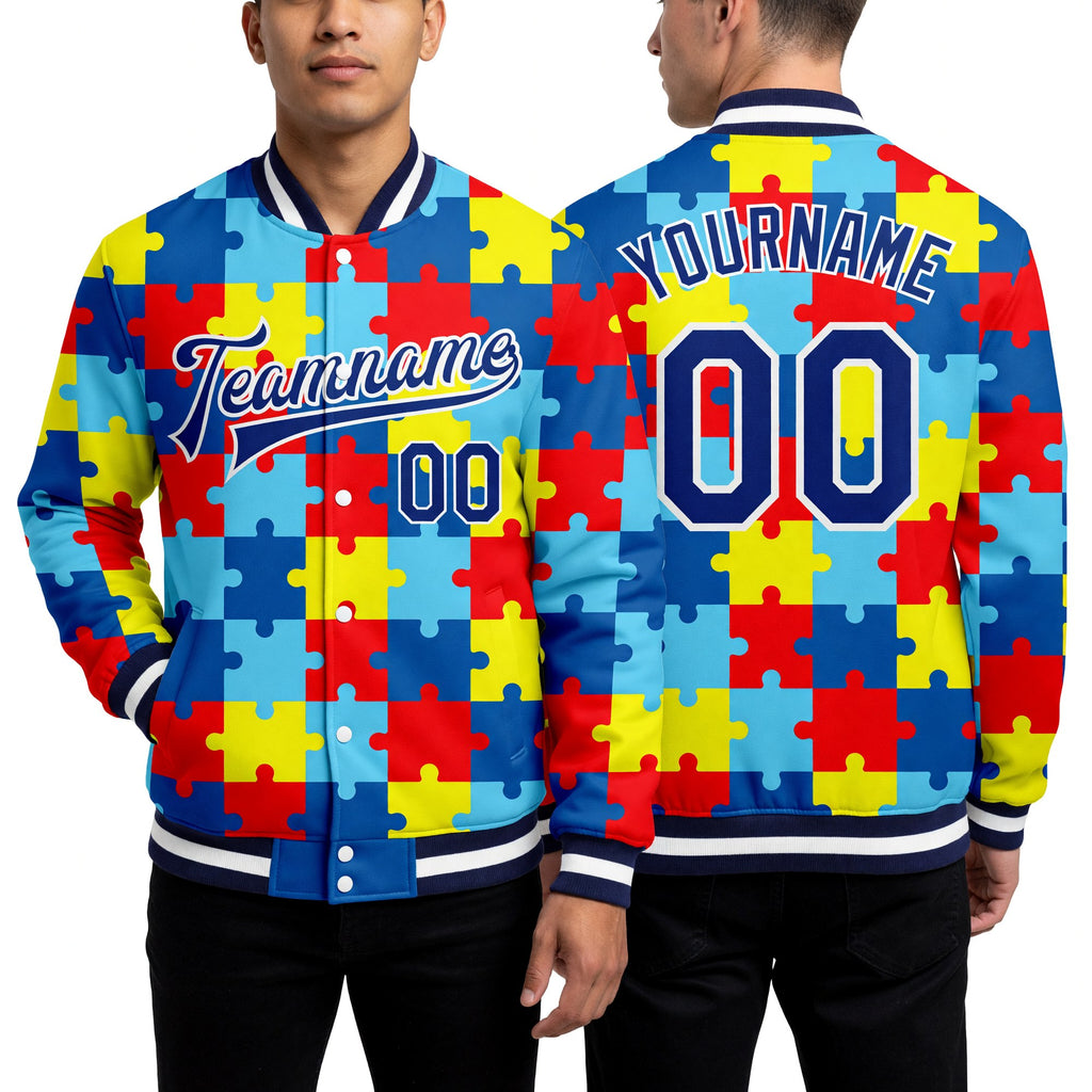 Custom Autism Supporter Awareness Puzzle Pieces Royal-White 3D Bomber Full-Snap Varsity Letterman Jacket worn front and back
