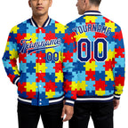 Custom Autism Supporter Awareness Puzzle Pieces Royal-White 3D Bomber Full-Snap Varsity Letterman Jacket worn front and back