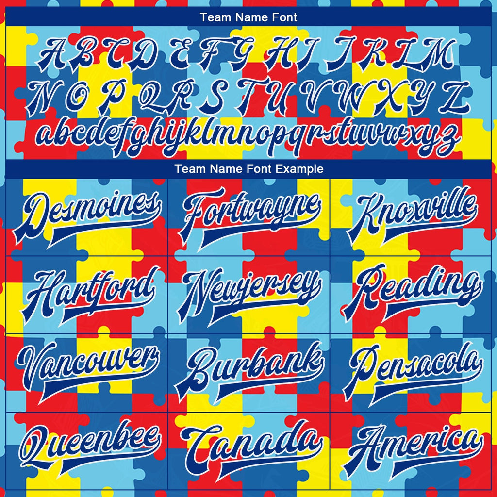 Custom Autism Supporter Awareness Puzzle Pieces Royal-White 3D Bomber Full-Snap Varsity Letterman Jacket photo 5