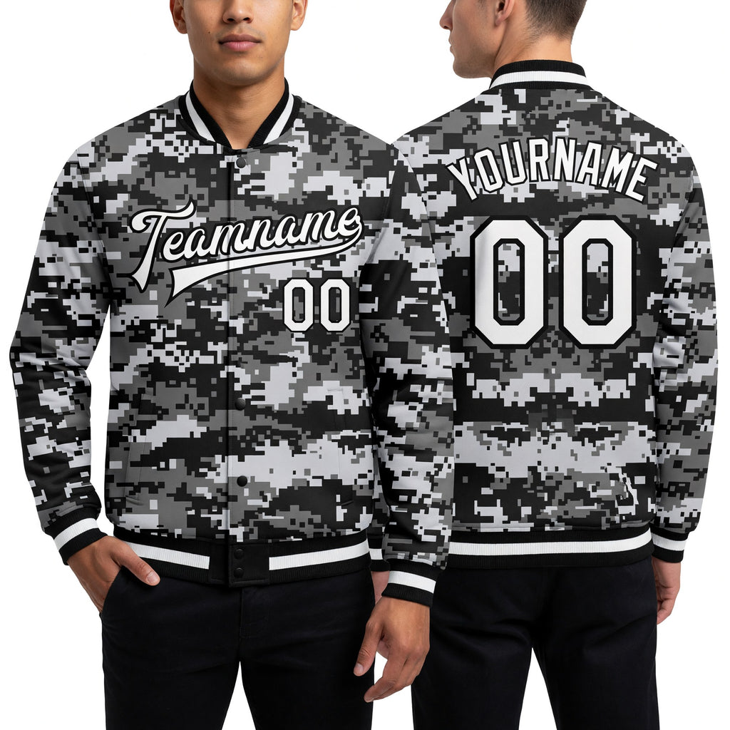 Custom Camo White-Black 3D Bomber Full-Snap Varsity Letterman Salute To Service Jacket worn front and back