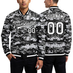 Custom Camo White-Black 3D Bomber Full-Snap Varsity Letterman Salute To Service Jacket worn front and back