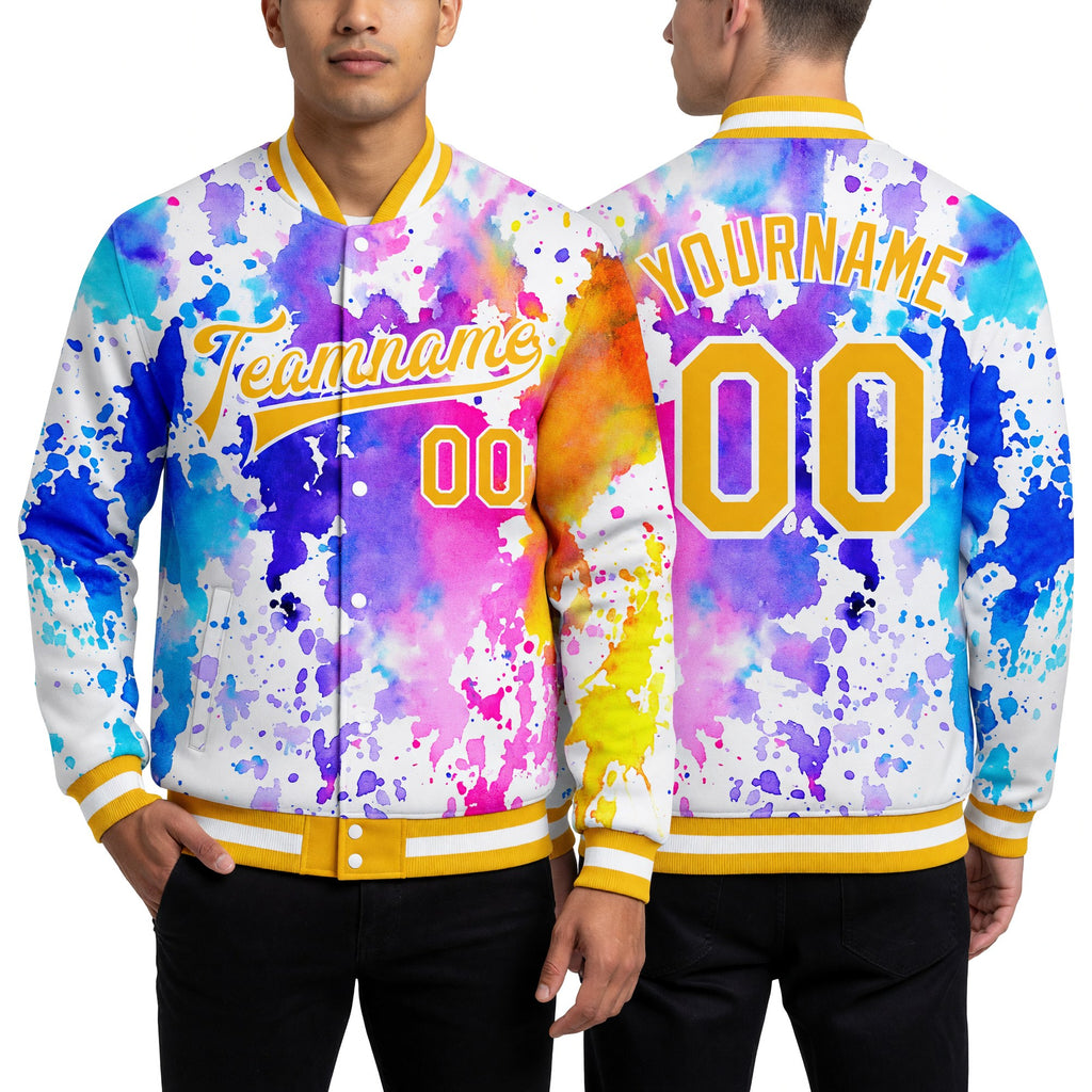 Custom Tie Dye Gold-White Rainbow 3D Bomber Full-Snap Varsity Letterman Jacket worn front and back