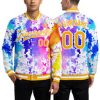 Custom Tie Dye Gold-White Rainbow 3D Bomber Full-Snap Varsity Letterman Jacket worn front and back