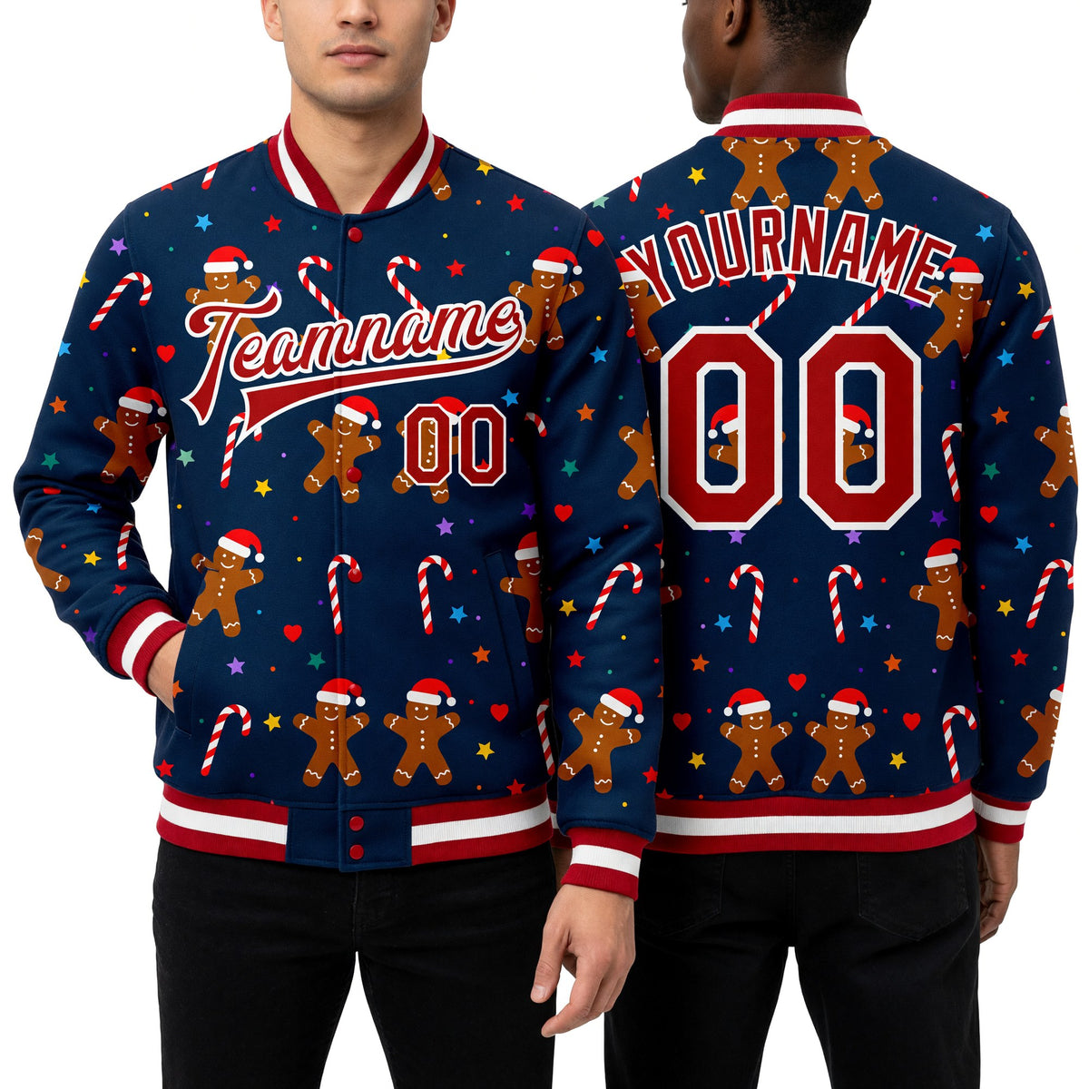 Custom Navy Red-White Christmas 3D Bomber Full-Snap Varsity Letterman Jacket worn front and back