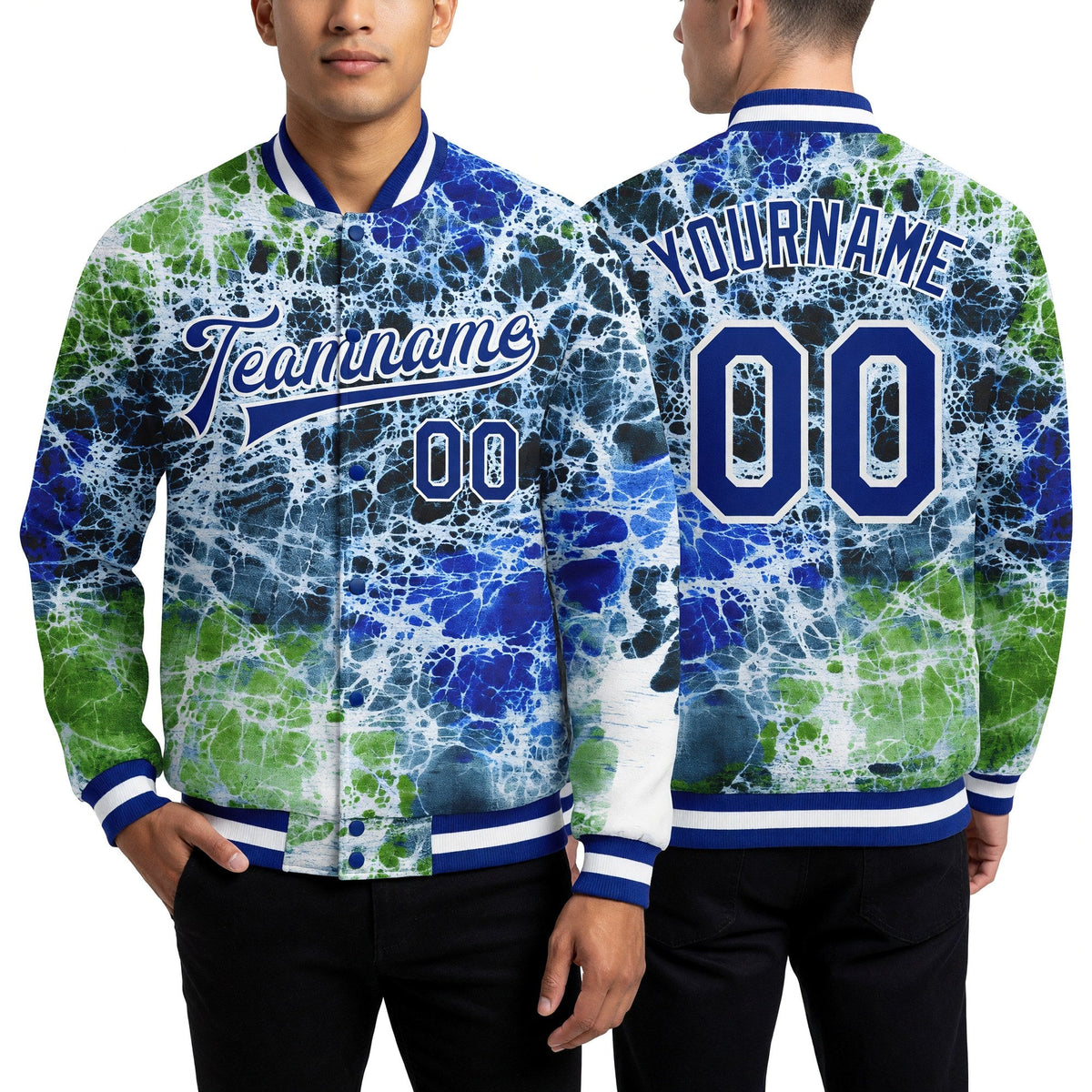 Custom Tie Dye Royal-White Rainbow 3D Bomber Full-Snap Varsity Letterman Jacket worn front and back