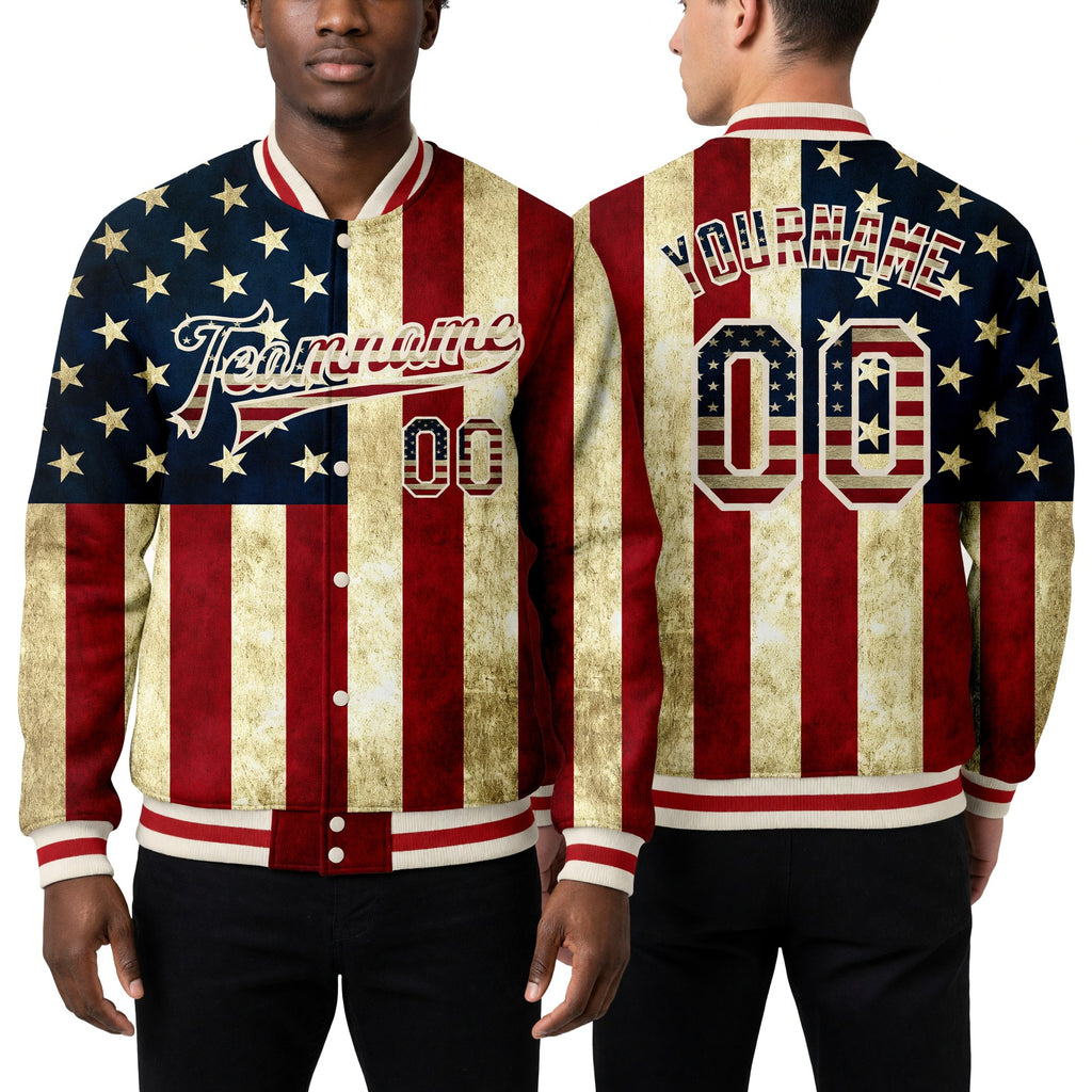 Custom Cream Vintage USA Flag-Red American Flag Fashion 3D Bomber Full-Snap Varsity Letterman Jacket worn front and back