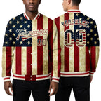 Custom Cream Vintage USA Flag-Red American Flag Fashion 3D Bomber Full-Snap Varsity Letterman Jacket worn front and back