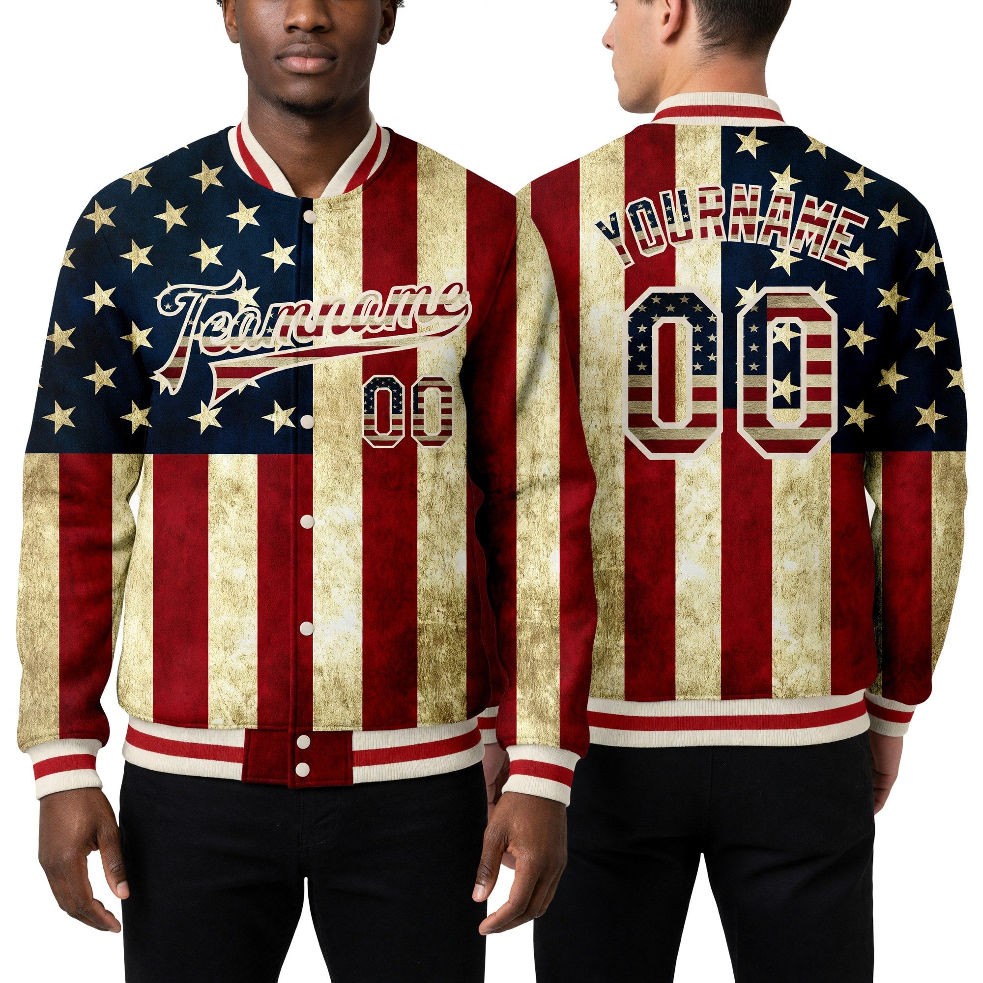 Custom Cream Vintage USA Flag-Red American Flag Fashion 3D Bomber Full-Snap Varsity Letterman Jacket worn front and back