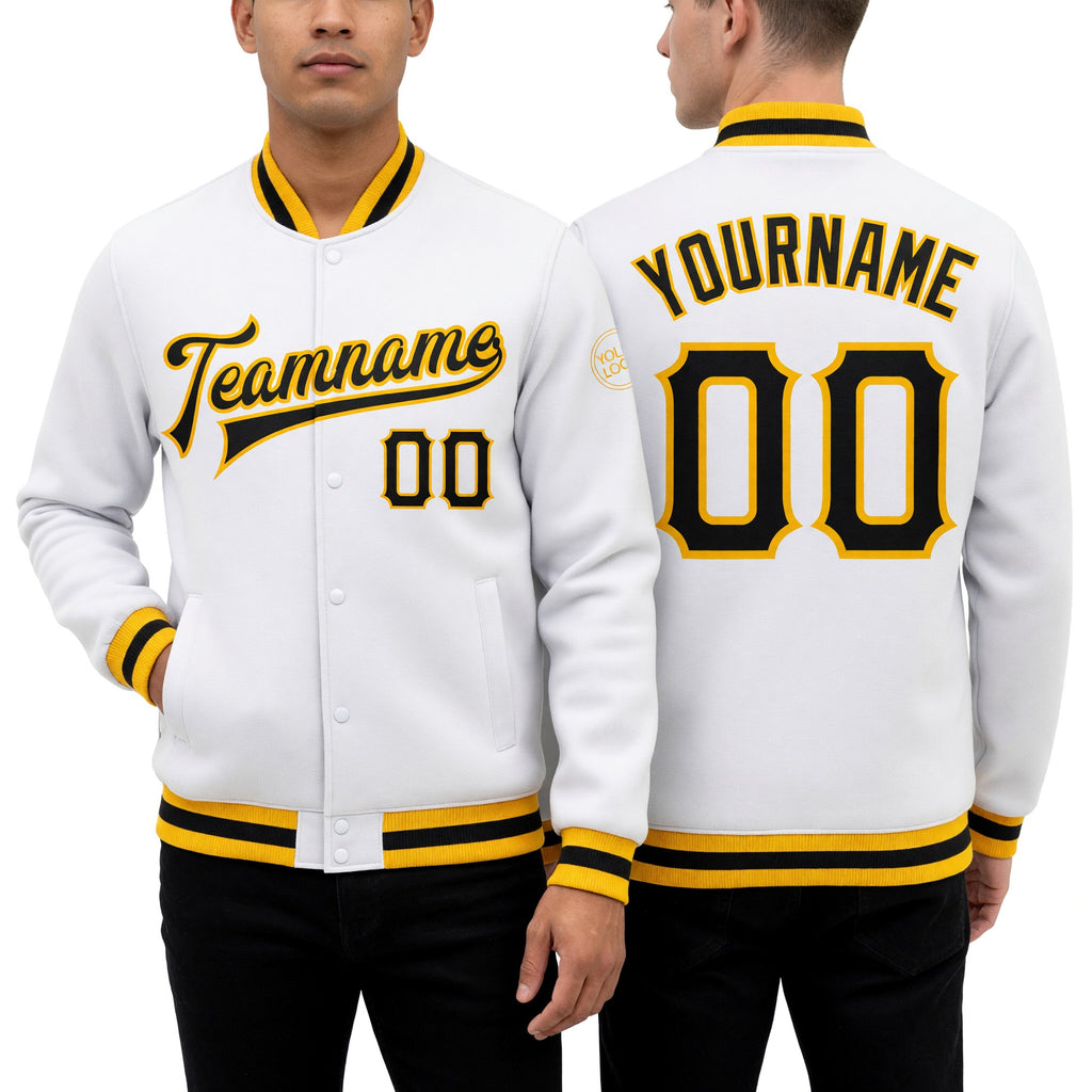 Custom White Black-Gold Bomber Full-Snap Varsity Letterman Jacket worn front and back