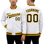 Custom White Black-Gold Bomber Full-Snap Varsity Letterman Jacket worn front and back
