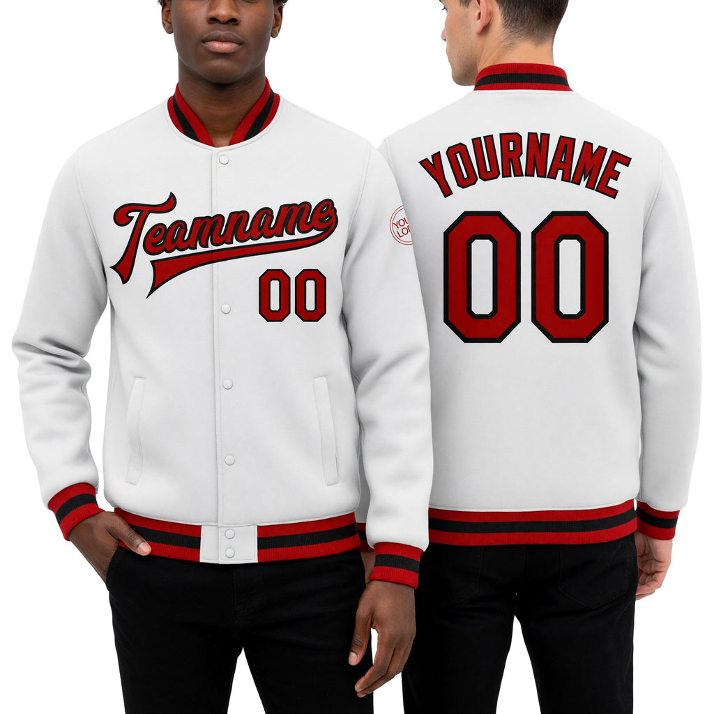 Custom White Red-Black Bomber Full-Snap Varsity Letterman Jacket worn front and back