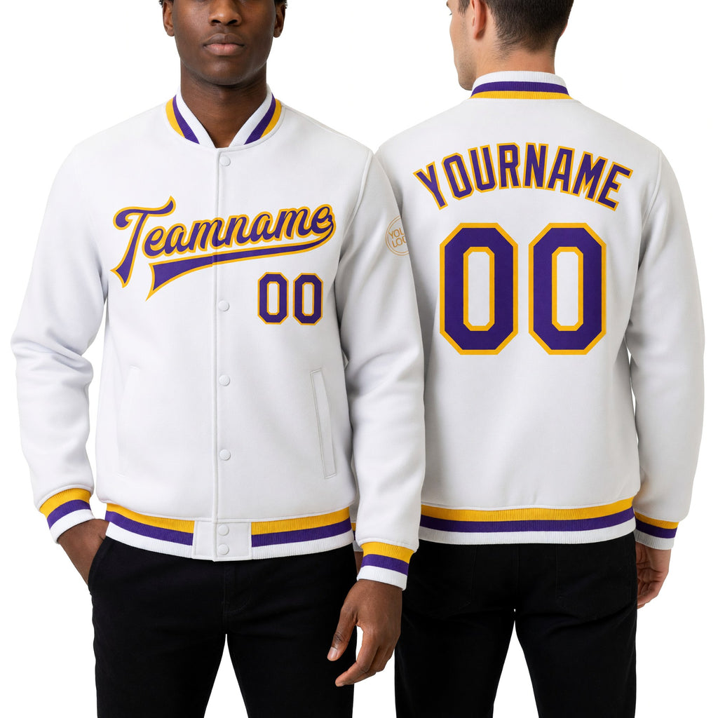 Custom White Purple-Gold Bomber Full-Snap Varsity Letterman Jacket worn front and back