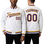 Custom White Purple-Gold Bomber Full-Snap Varsity Letterman Jacket worn front and back