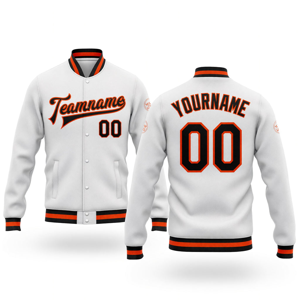 Custom White Black-Orange Bomber Full-Snap Varsity Letterman Jacket