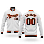 Custom White Black-Orange Bomber Full-Snap Varsity Letterman Jacket