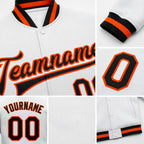 Custom White Black-Orange Bomber Full-Snap Varsity Letterman Jacket detail