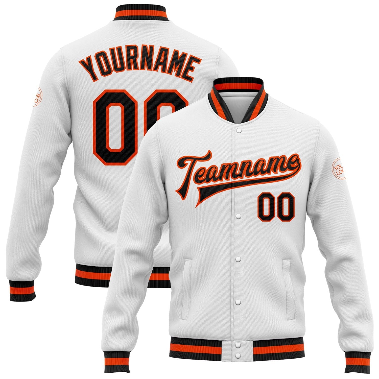 Custom White Black-Orange Bomber Full-Snap Varsity Letterman Jacket photo 1