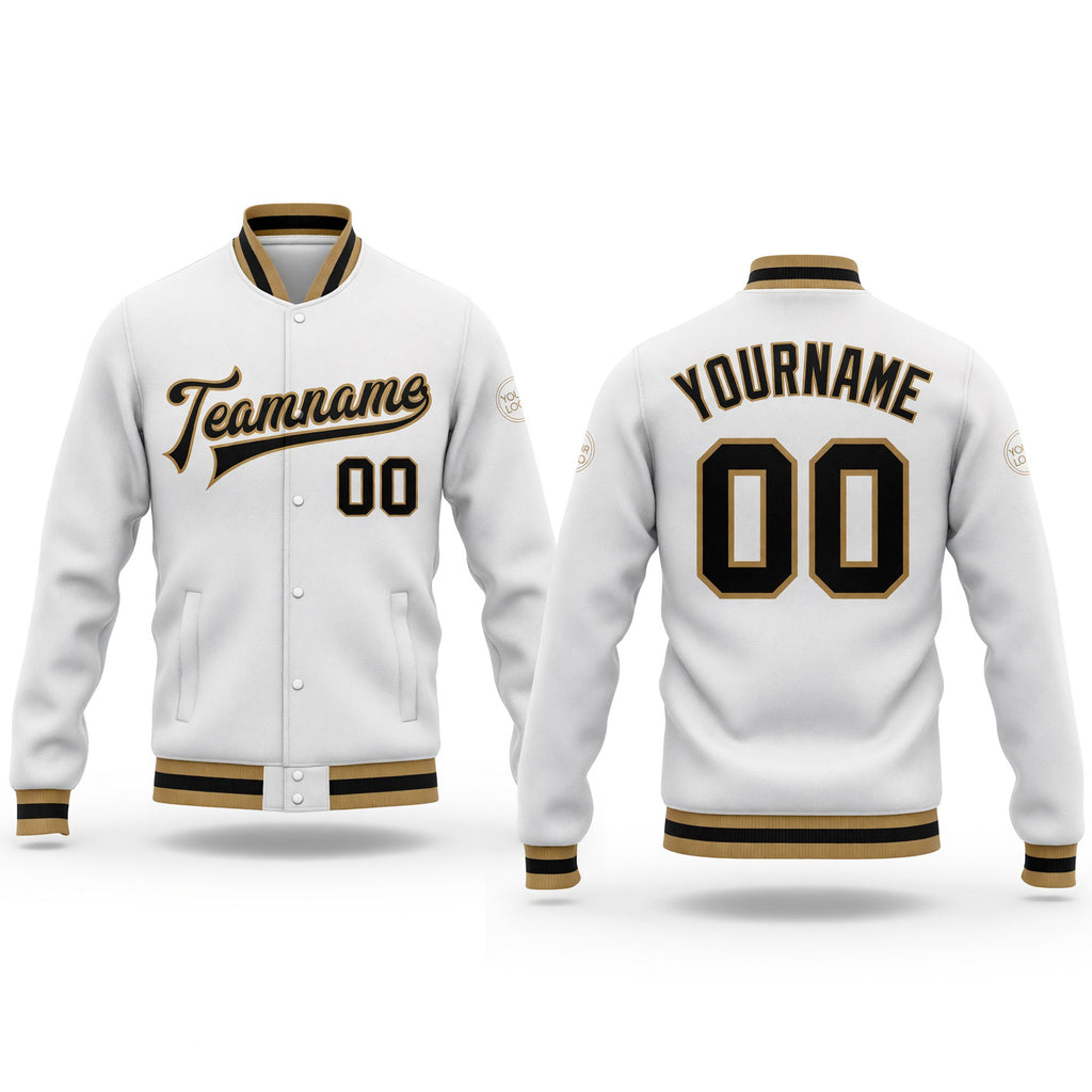 Custom White Black-Old Gold Bomber Full-Snap Varsity Letterman Jacket