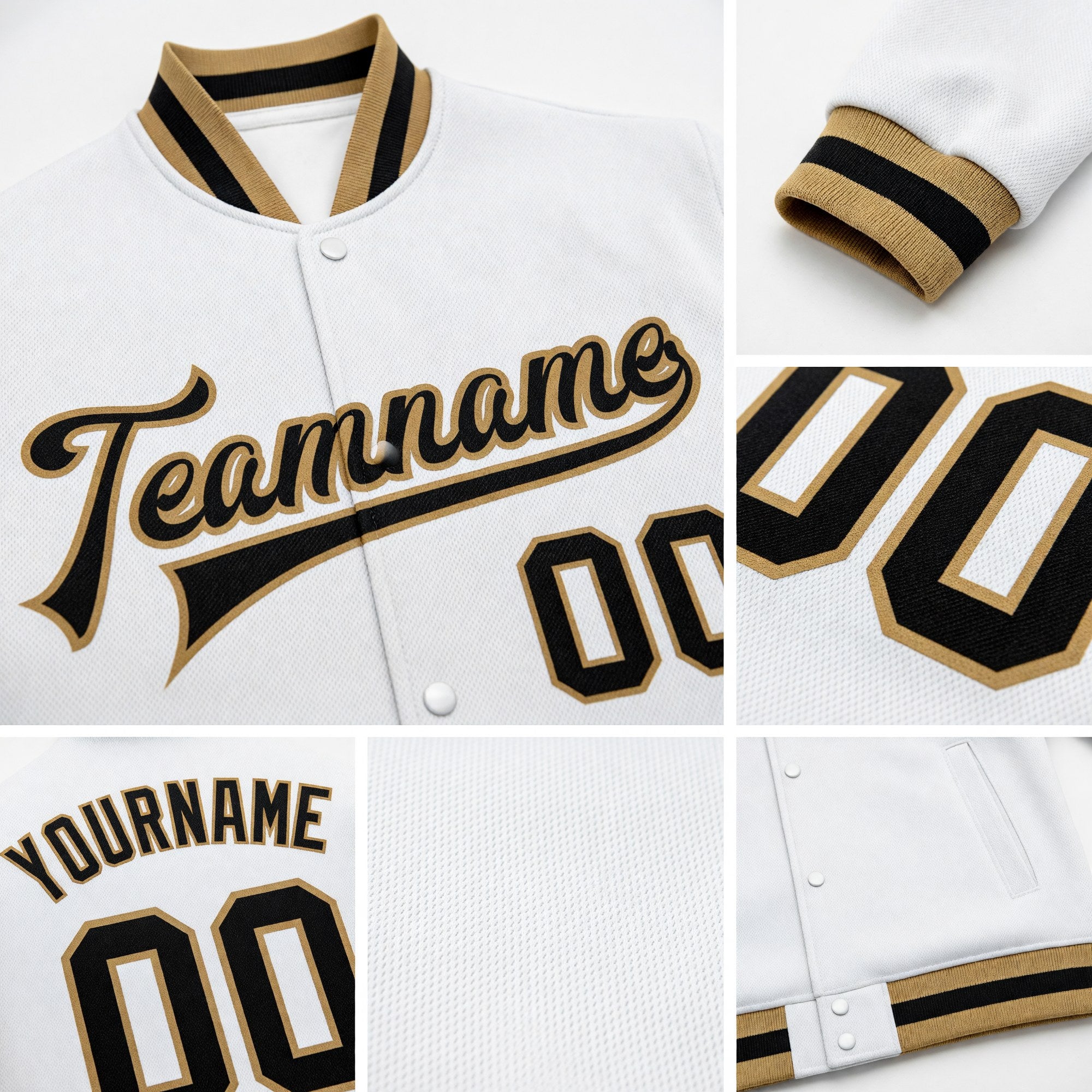 Custom White Black-Old Gold Bomber Full-Snap Varsity Letterman Jacket detail