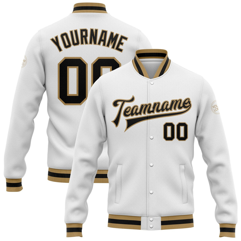 Custom White Black-Old Gold Bomber Full-Snap Varsity Letterman Jacket photo 1