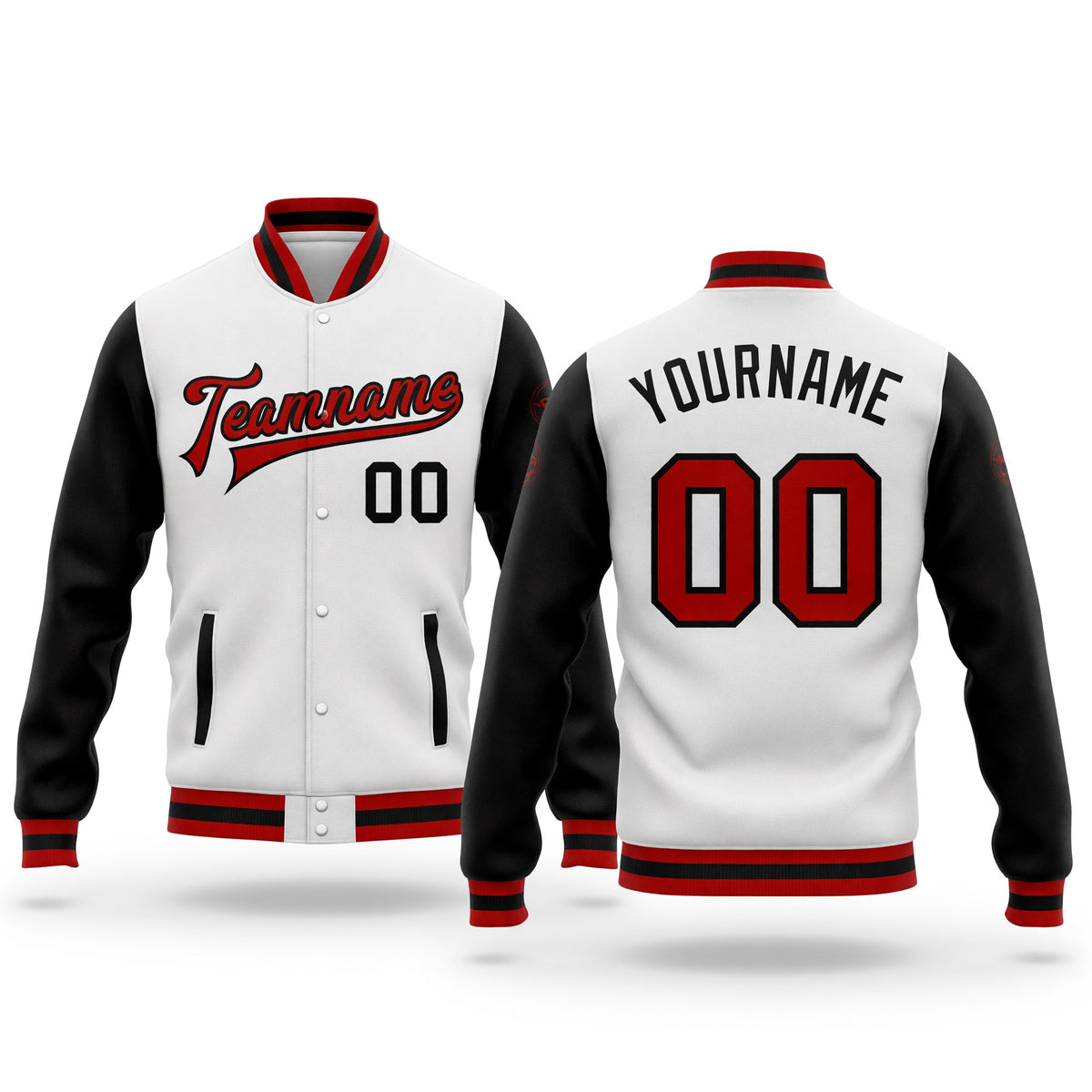 Custom White Red-Black Bomber Full-Snap Varsity Letterman Two Tone Jacket