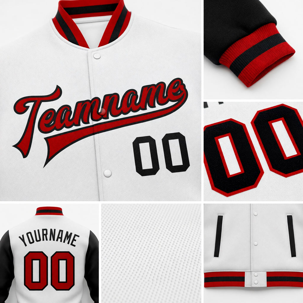 Custom White Red-Black Bomber Full-Snap Varsity Letterman Two Tone Jacket detail