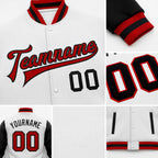 Custom White Red-Black Bomber Full-Snap Varsity Letterman Two Tone Jacket detail