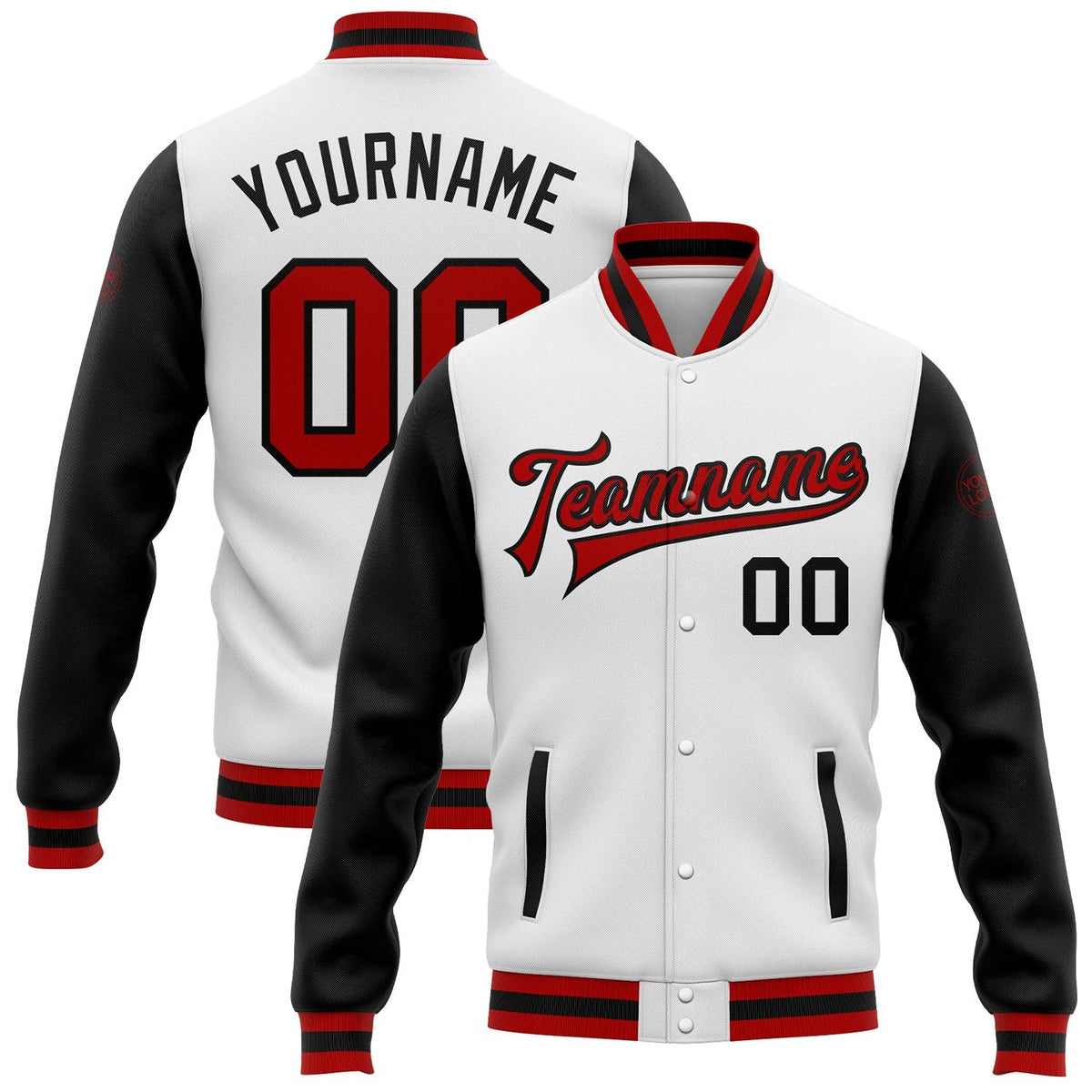 Custom White Red-Black Bomber Full-Snap Varsity Letterman Two Tone Jacket photo 1