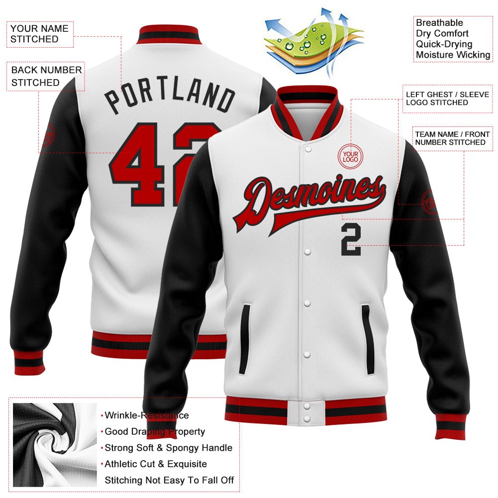 Custom White Red-Black Bomber Full-Snap Varsity Letterman Two Tone Jacket photo 5