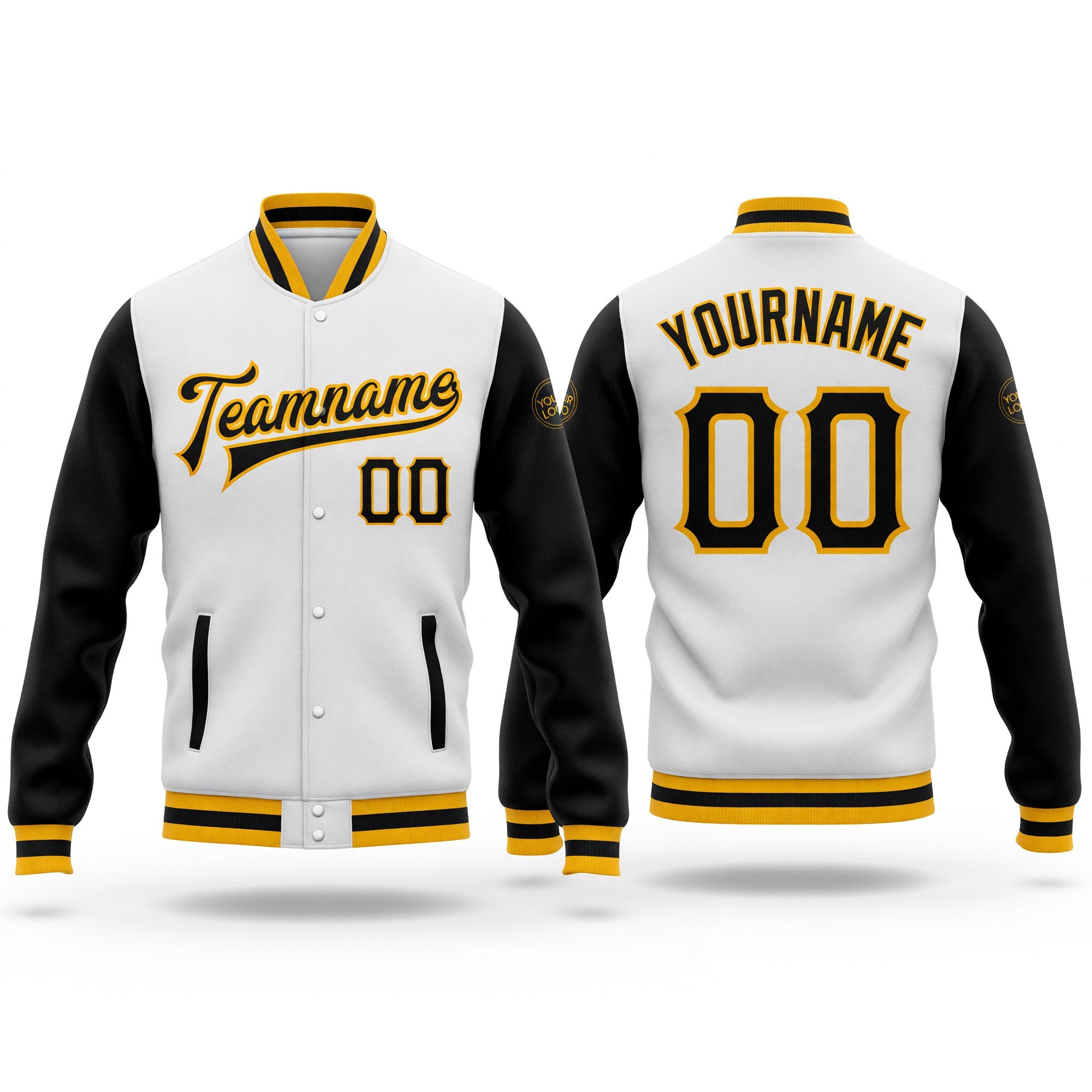 Custom White Black-Gold Bomber Full-Snap Varsity Letterman Two Tone Jacket