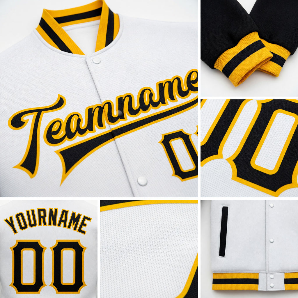 Custom White Black-Gold Bomber Full-Snap Varsity Letterman Two Tone Jacket detail