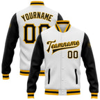 Custom White Black-Gold Bomber Full-Snap Varsity Letterman Two Tone Jacket photo 1