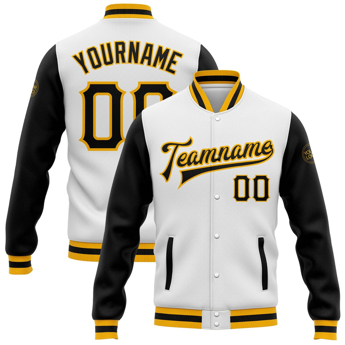 Custom White Black-Gold Bomber Full-Snap Varsity Letterman Two Tone Jacket photo 1